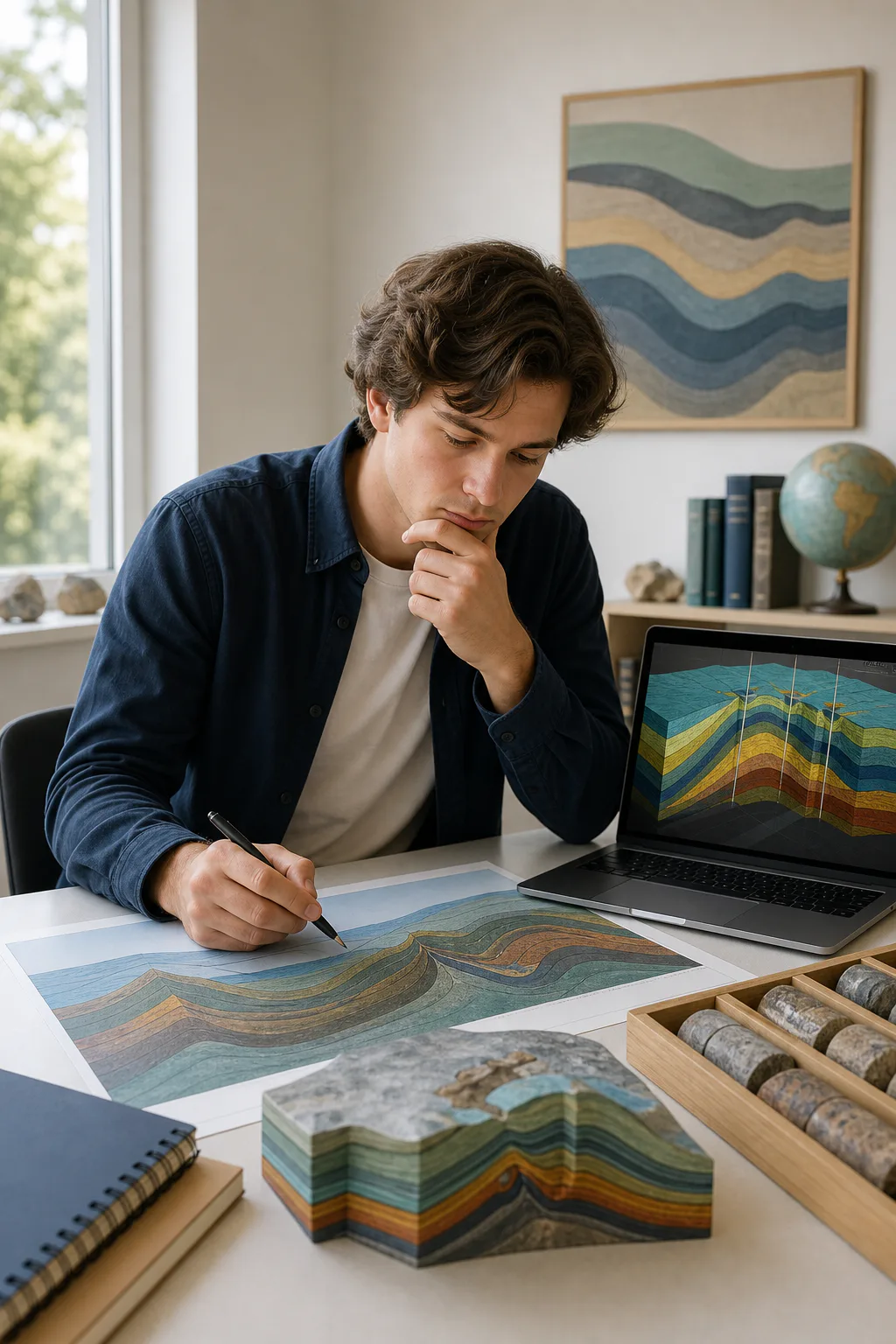 Geoscience student studying a subsurface model